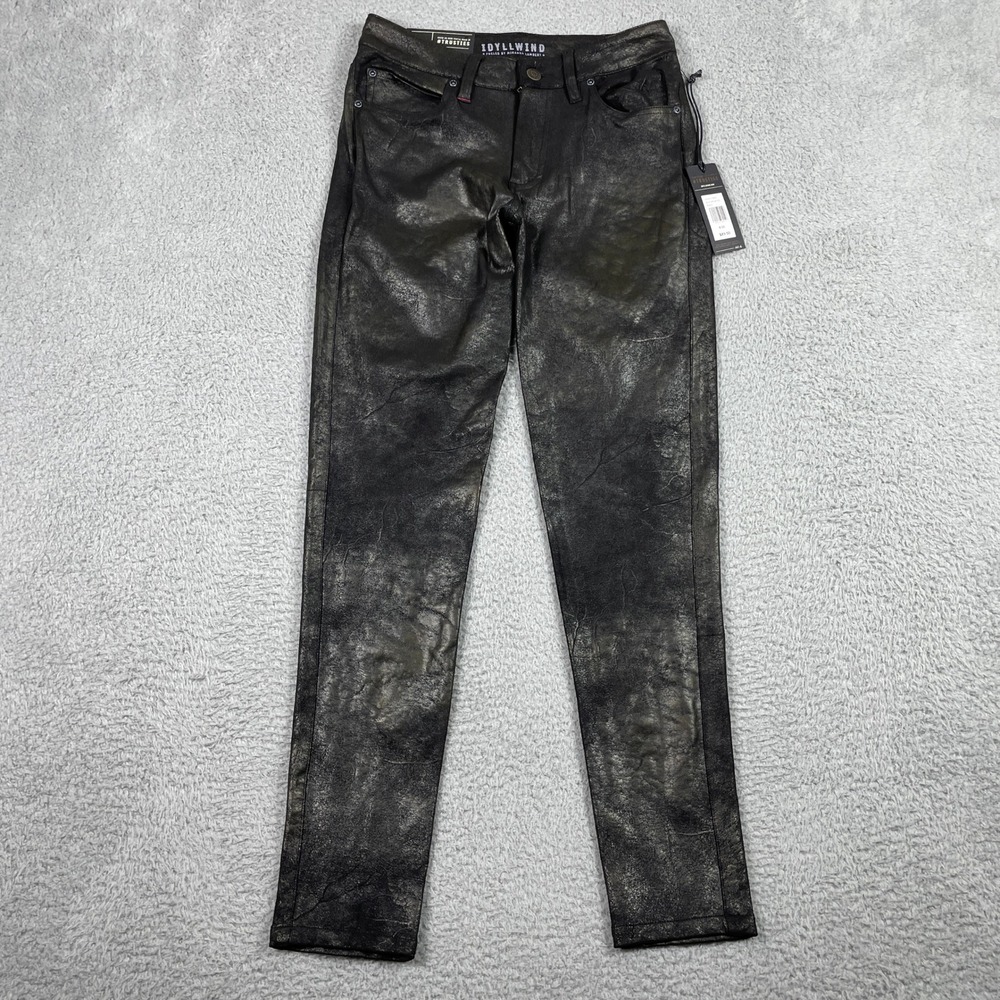 Idyllwind Skinny Rebel Mid Rise Coated Pants Womens 6/30 Black Metallic Foil NEW